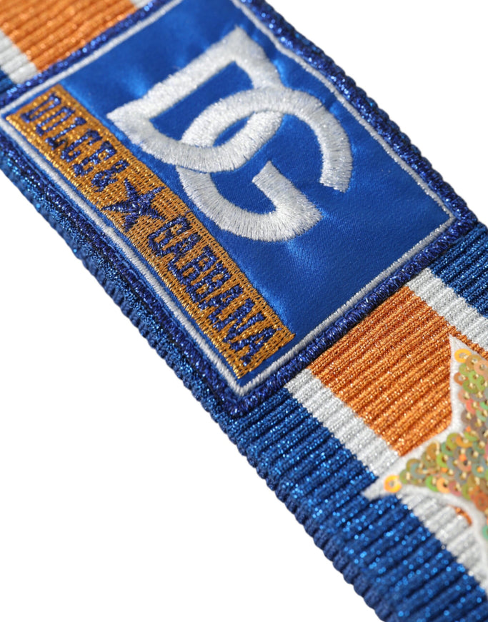 a close up of a blue and orange ribbon