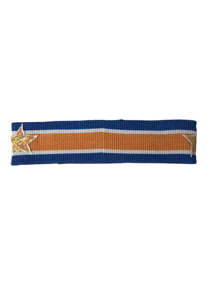 an orange and blue ribbon with a star on it