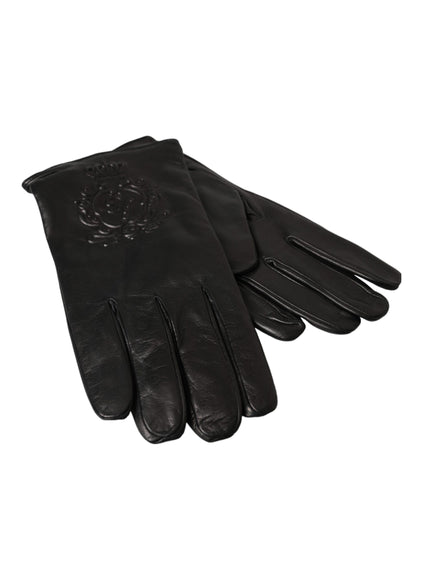 a pair of black leather gloves on a white background