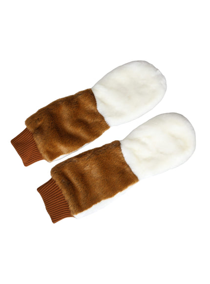 a pair of brown and white mittens on a white background