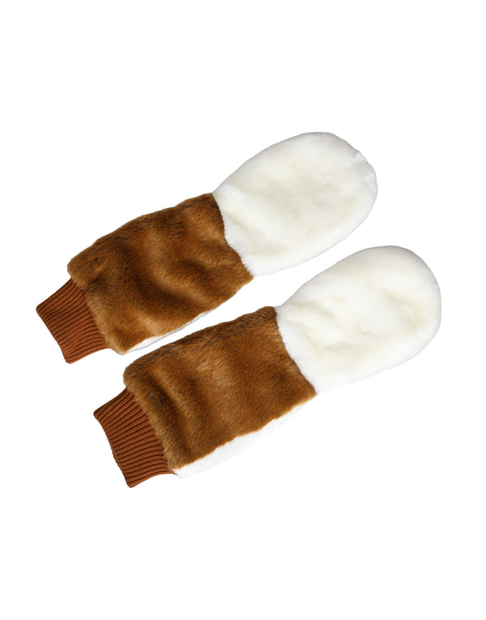 a pair of brown and white mittens on a white background