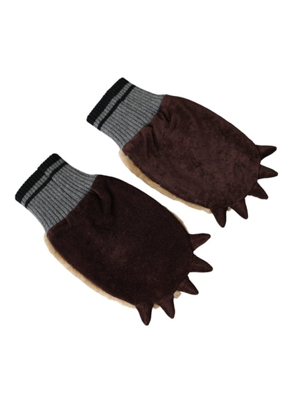 a pair of brown mittens with grey and black stripes