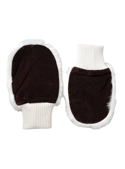 a pair of brown mitts with white trim