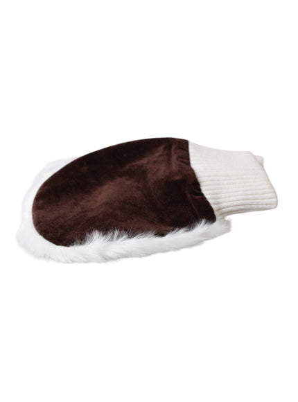 a brown and white hat with white fur