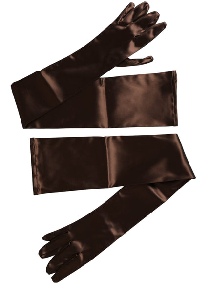 a pair of brown satin gloves on a white background