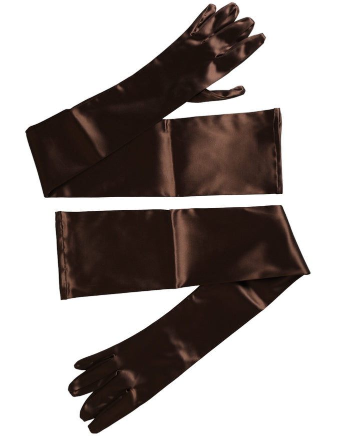 a pair of brown satin gloves on a white background