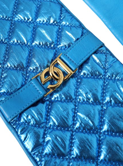 a blue bag with a gold buckle on it