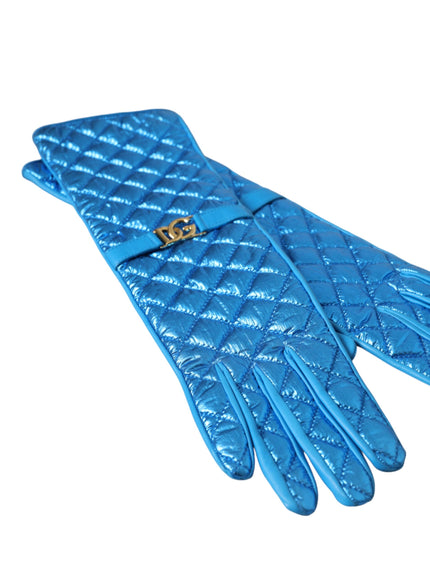 a blue glove with a gold buckle on it