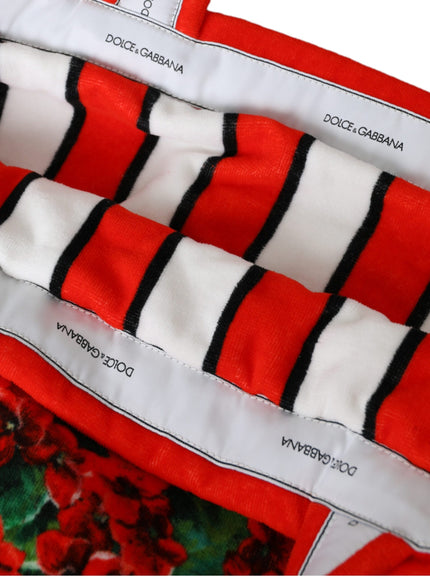 a close up of a red and white bag