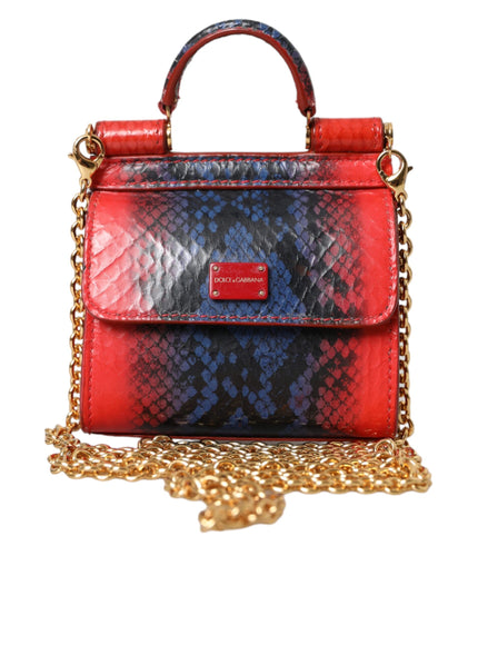 a red, blue and black handbag on a chain