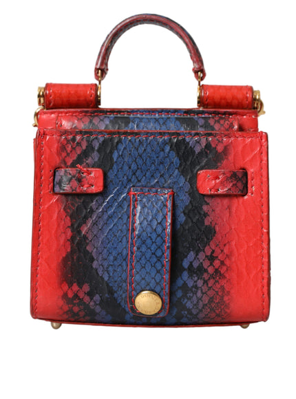 a red, blue and black handbag on a white background