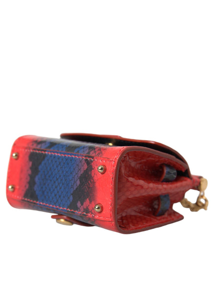 a red, blue, and black snake skin purse