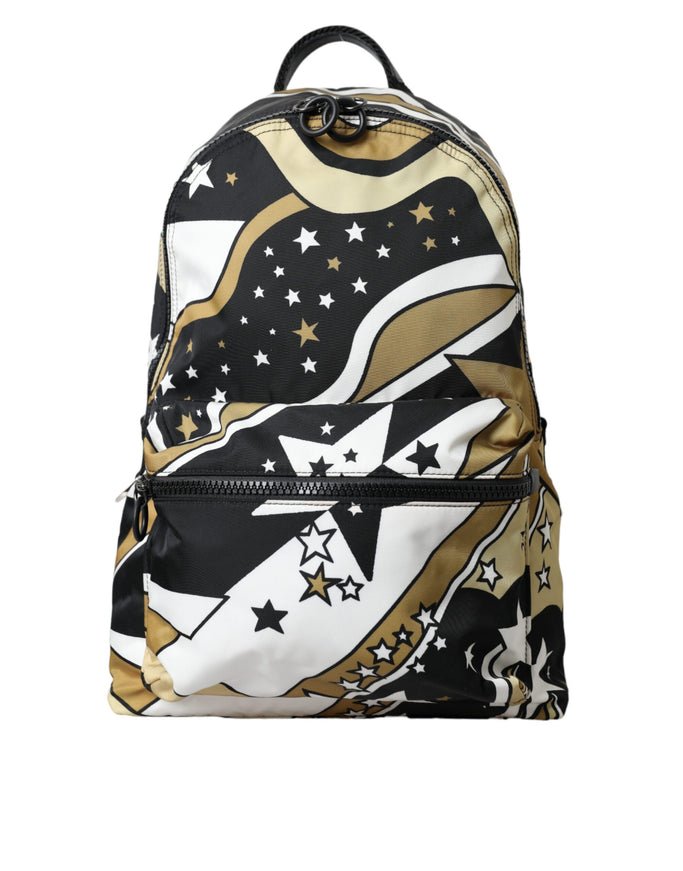 a black and gold backpack with stars on it