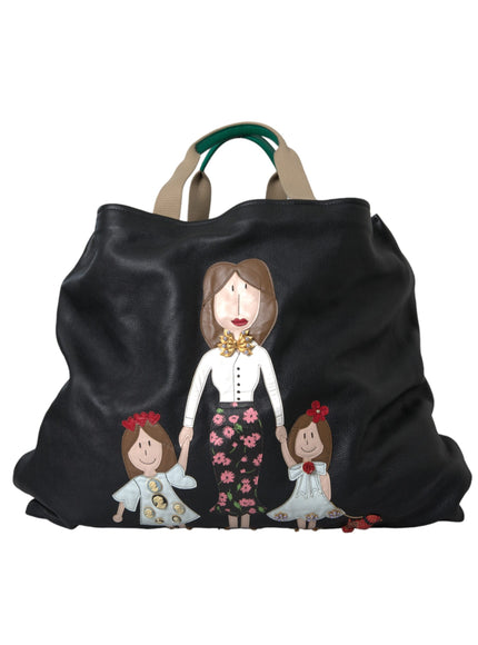 a handbag with a woman and two children on it