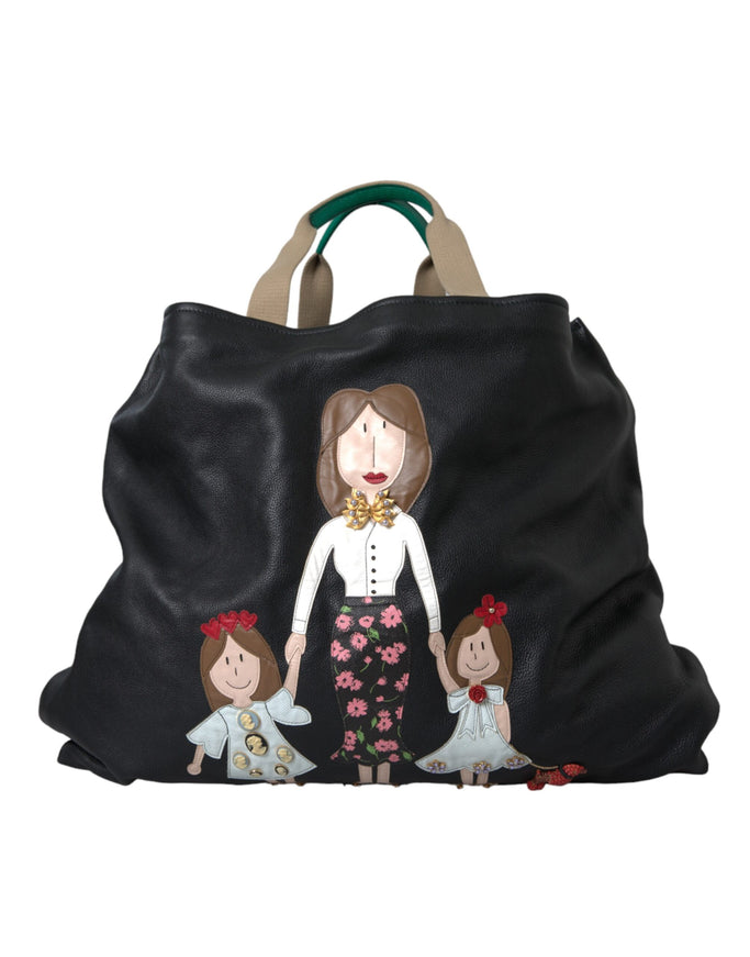 a handbag with a woman and two children on it