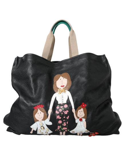 a handbag with a woman and two children on it