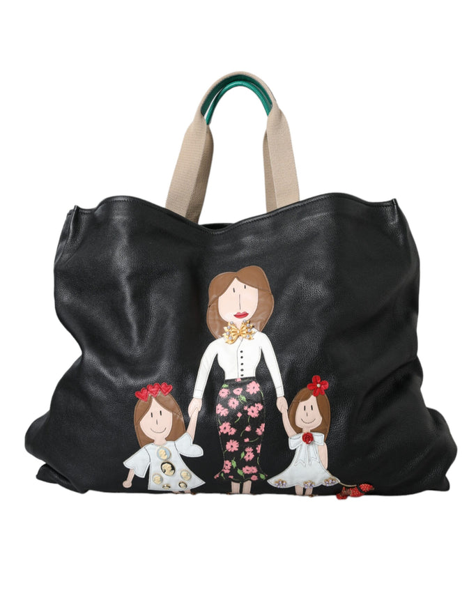 a handbag with a woman and two children on it