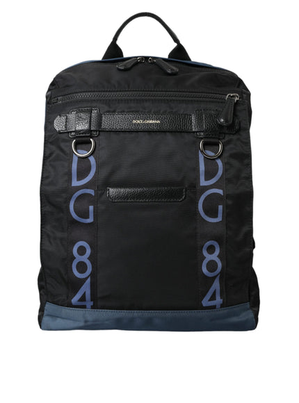 a black backpack with blue letters on it