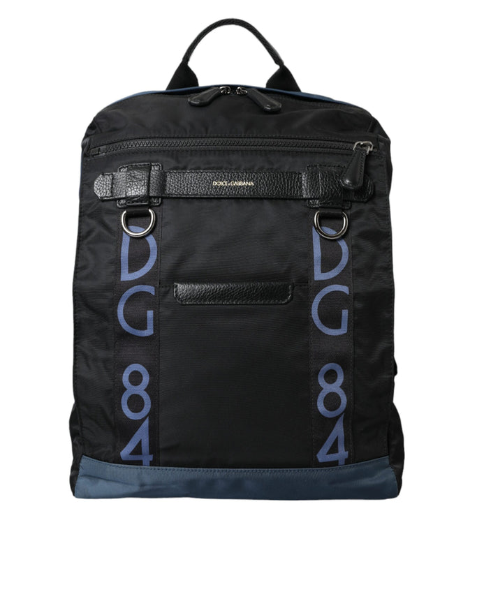 a black backpack with blue letters on it