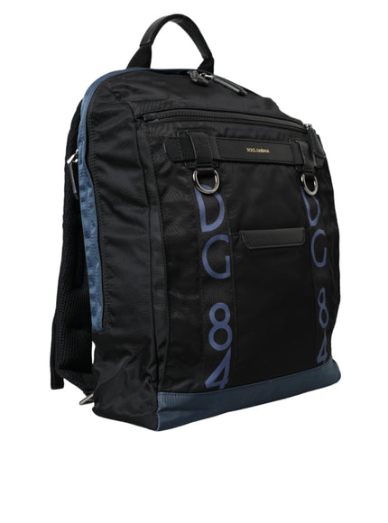 a black backpack with a blue logo on it