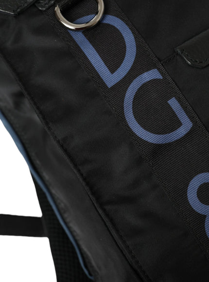 a black duffel bag with a blue logo on it