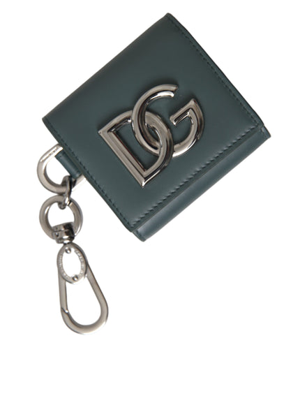 a small green wallet with a metal keychain