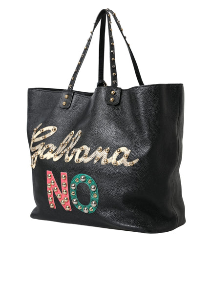 a black leather bag with the word california on it