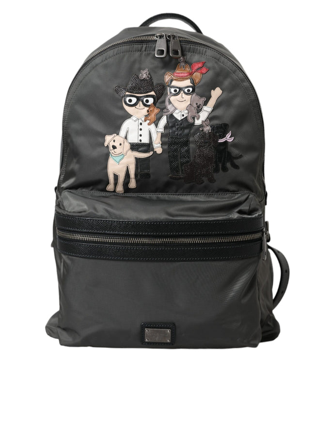 a black backpack with a picture of three people and a dog on it