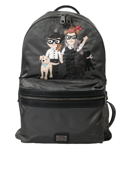 a black backpack with a picture of three people and a dog on it