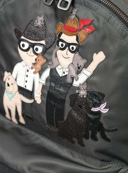 a backpack with a picture of two people and a dog on it