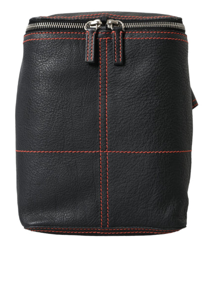 a black leather skirt with red stitching