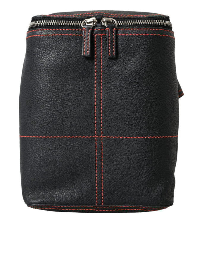 a black leather skirt with red stitching