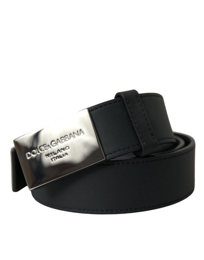 Dolce & Gabbana Black Leather Silver Logo Metal Buckle Belt - Ellie Belle