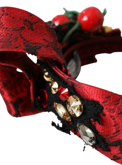 Close-up of red hairband with embellishments