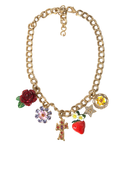 a gold bracelet with charms and flowers on it