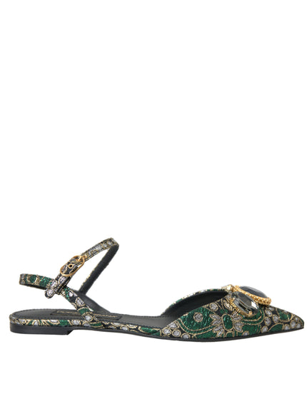 a women's green and gold shoe with a floral pattern