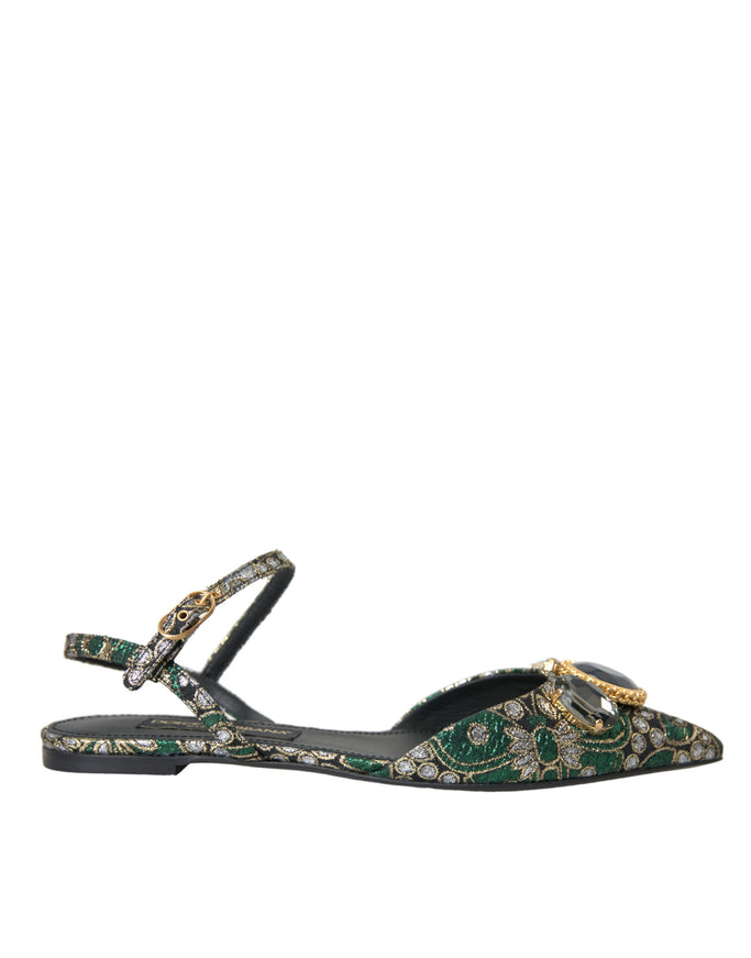 a women's green and gold shoe with a floral pattern