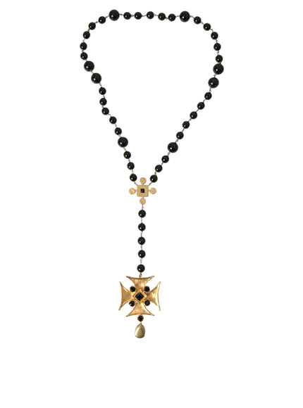 a black beaded necklace with a cross on it