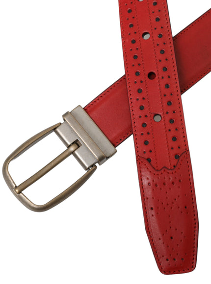 a red leather belt with a metal buckle