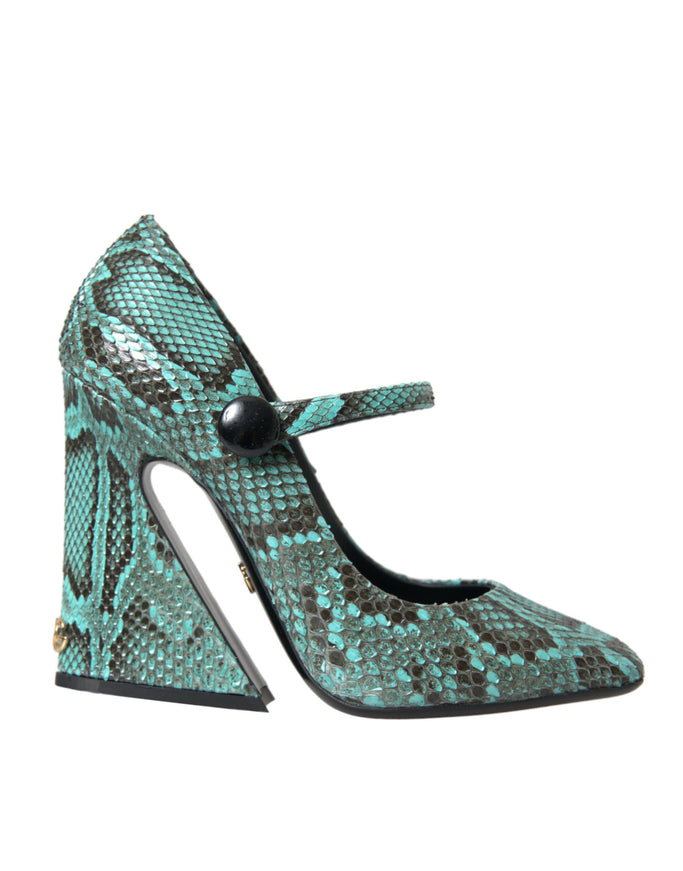 a green and black snake skin high heel shoe