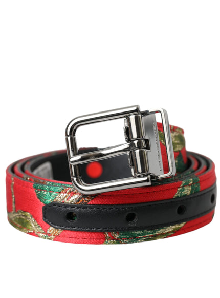 a red and green belt with a metal buckle