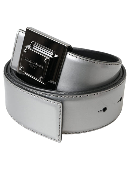 a silver belt with a black buckle on it