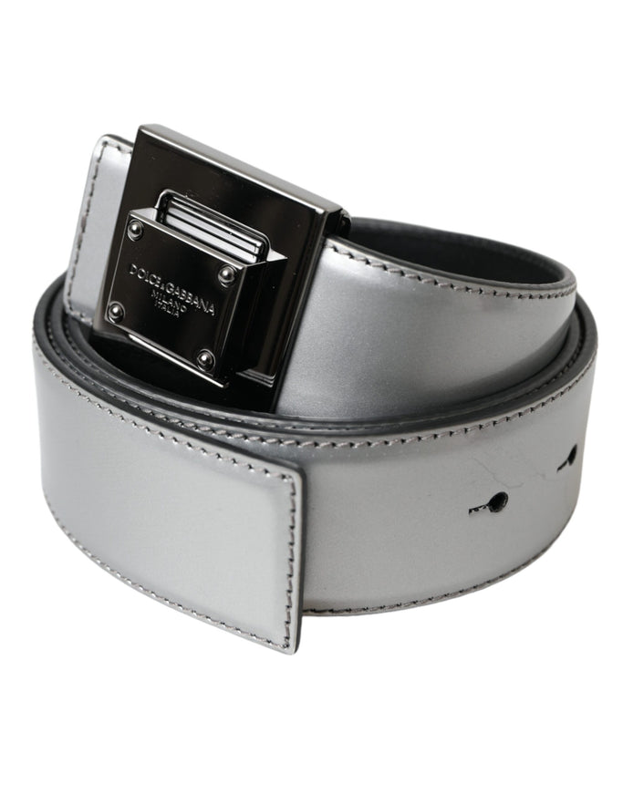 a silver belt with a black buckle on it