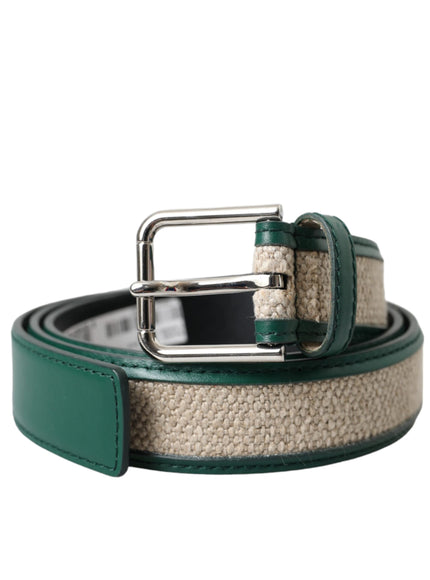 a green and white belt with a metal buckle