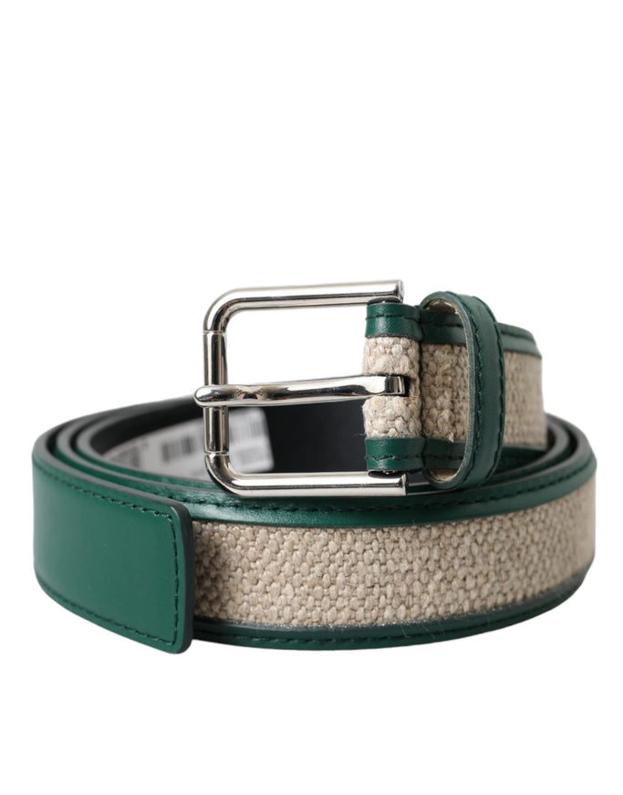 a green and white belt with a metal buckle