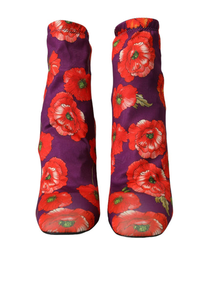 a pair of purple and red boots with red flowers on them