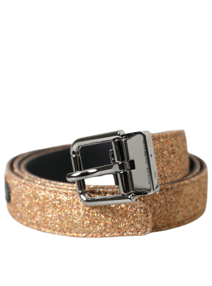 a gold glitter belt with a metal buckle