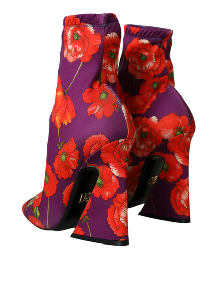 a pair of purple and red shoes with flowers on them