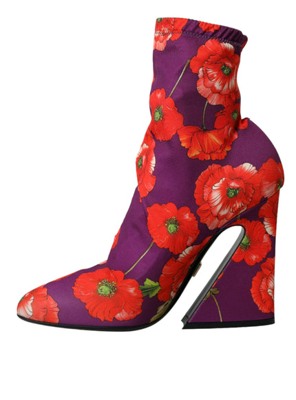 a pair of purple and red shoes with red flowers on them