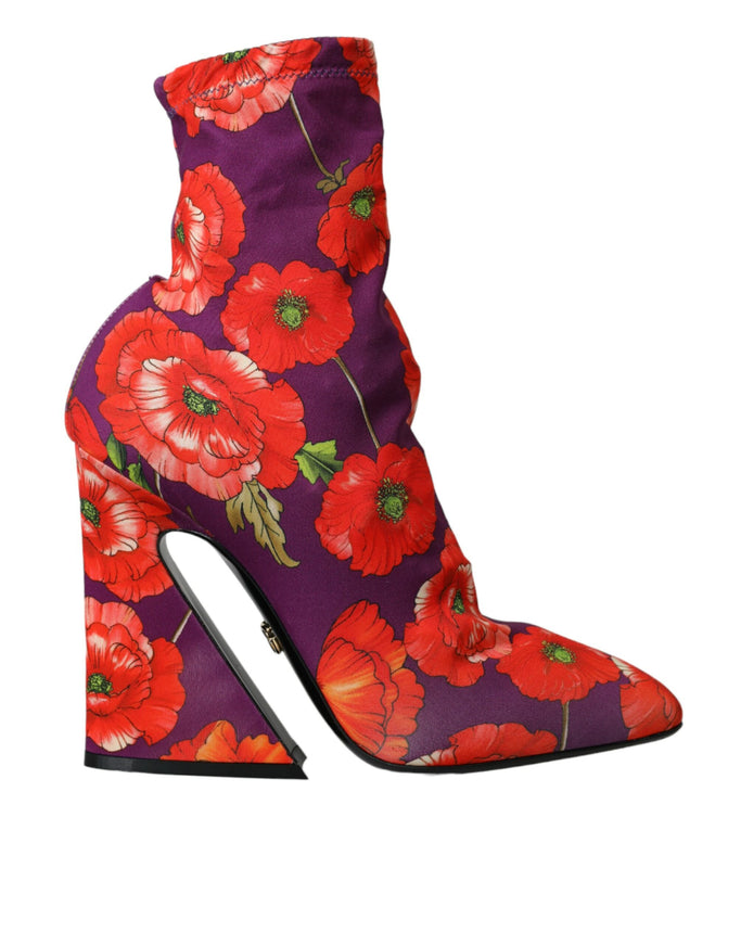 a purple floral boot with red flowers on it